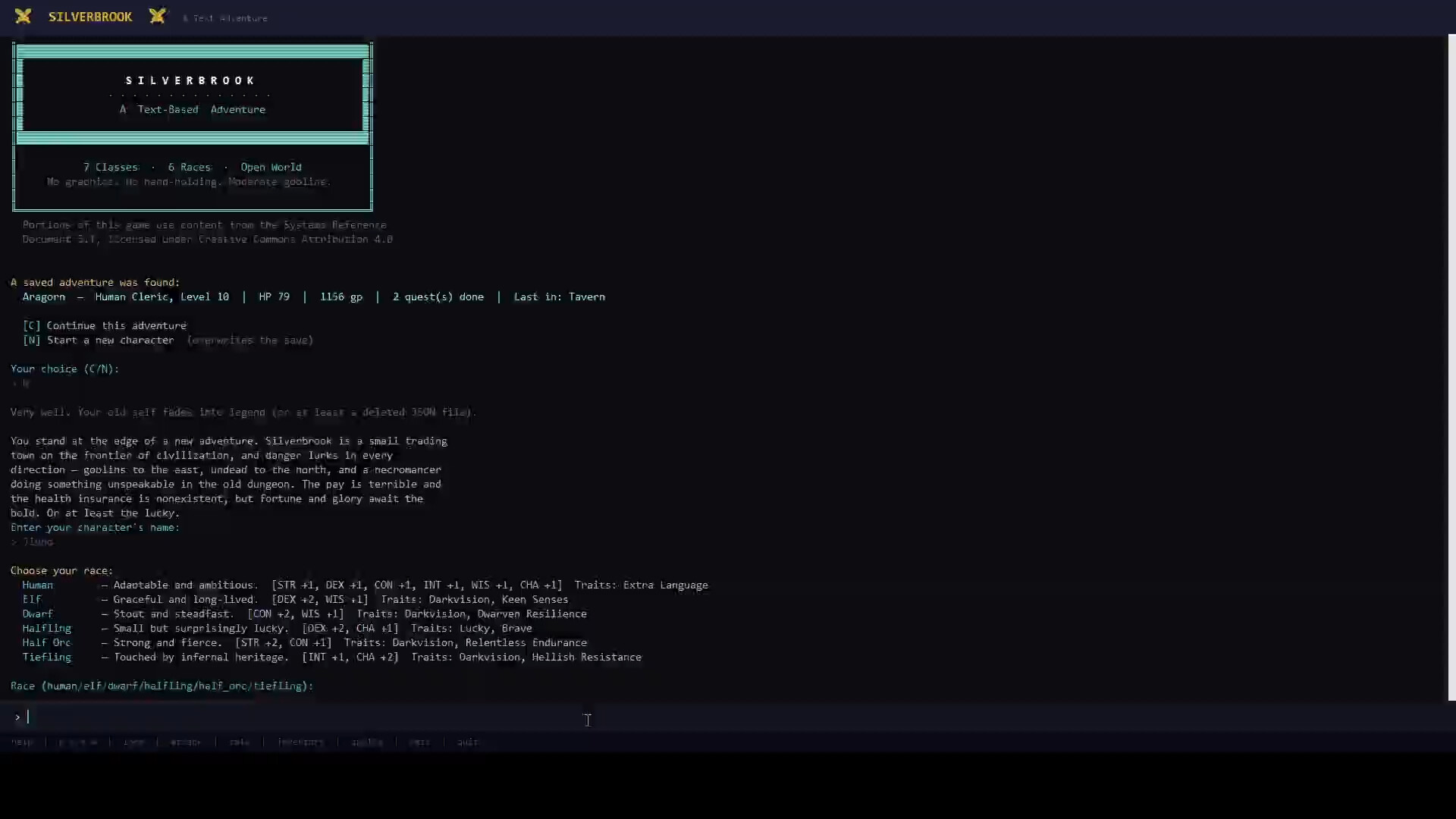 Silverbrook: a Text-Based RPG screenshot 1