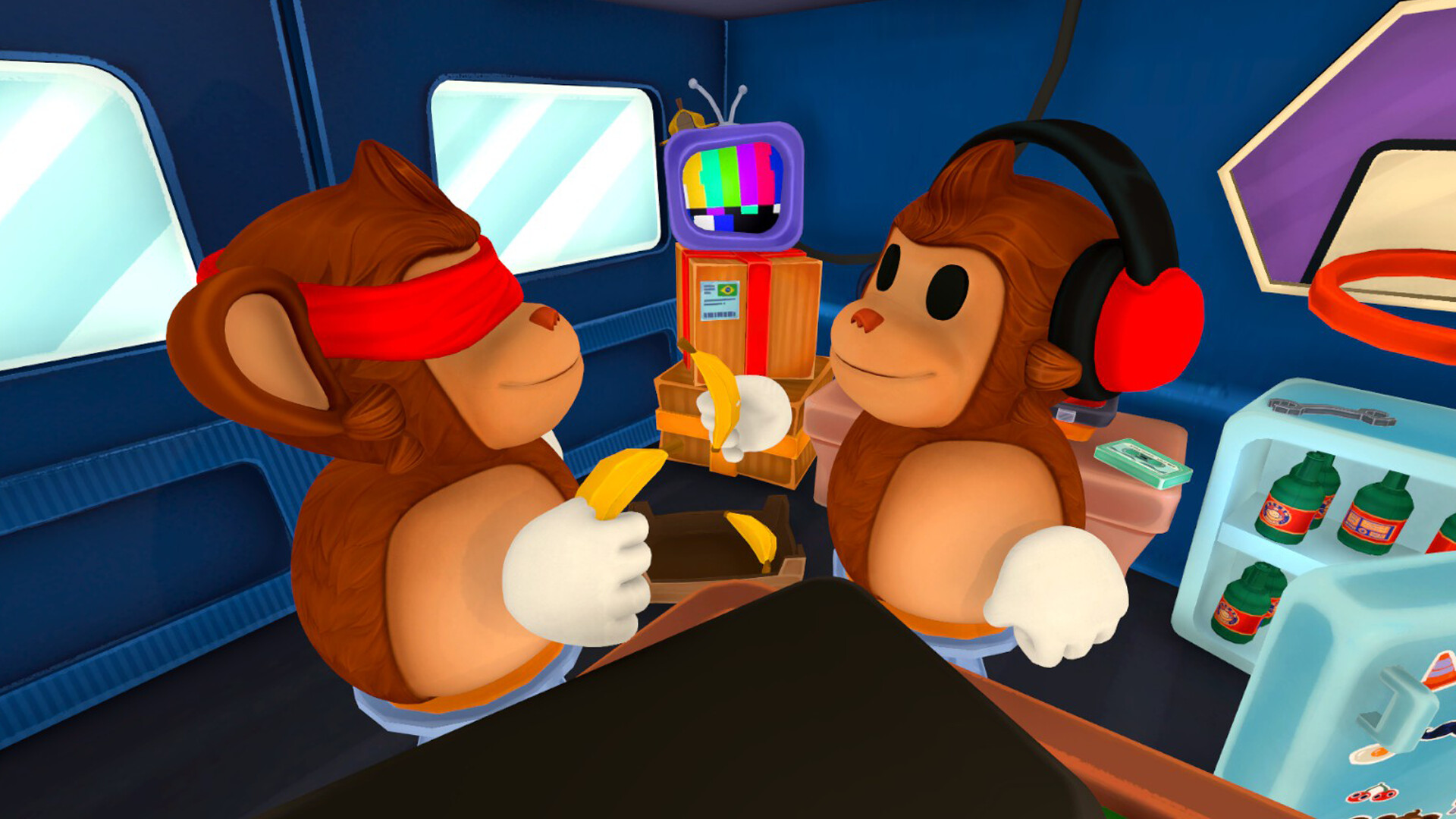 The three BOMBANANA monkey roles inside their mobile bomb workshop