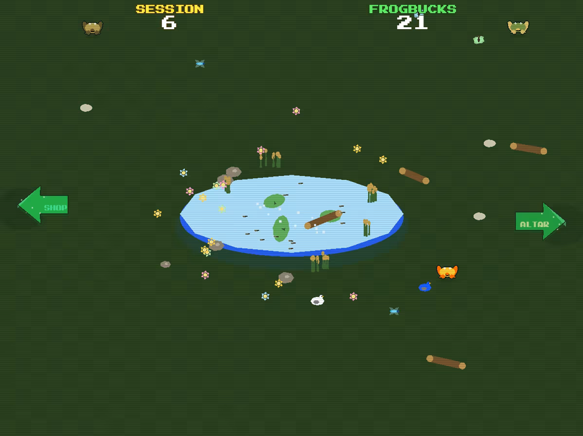 The "Lily Pond" habitat for the "Frog Up!" game, with a few different frogs hopping around a small but active pond. "Session" and "Frogbucks" scores are displayed at the top, with arrows to either side to move habitats.