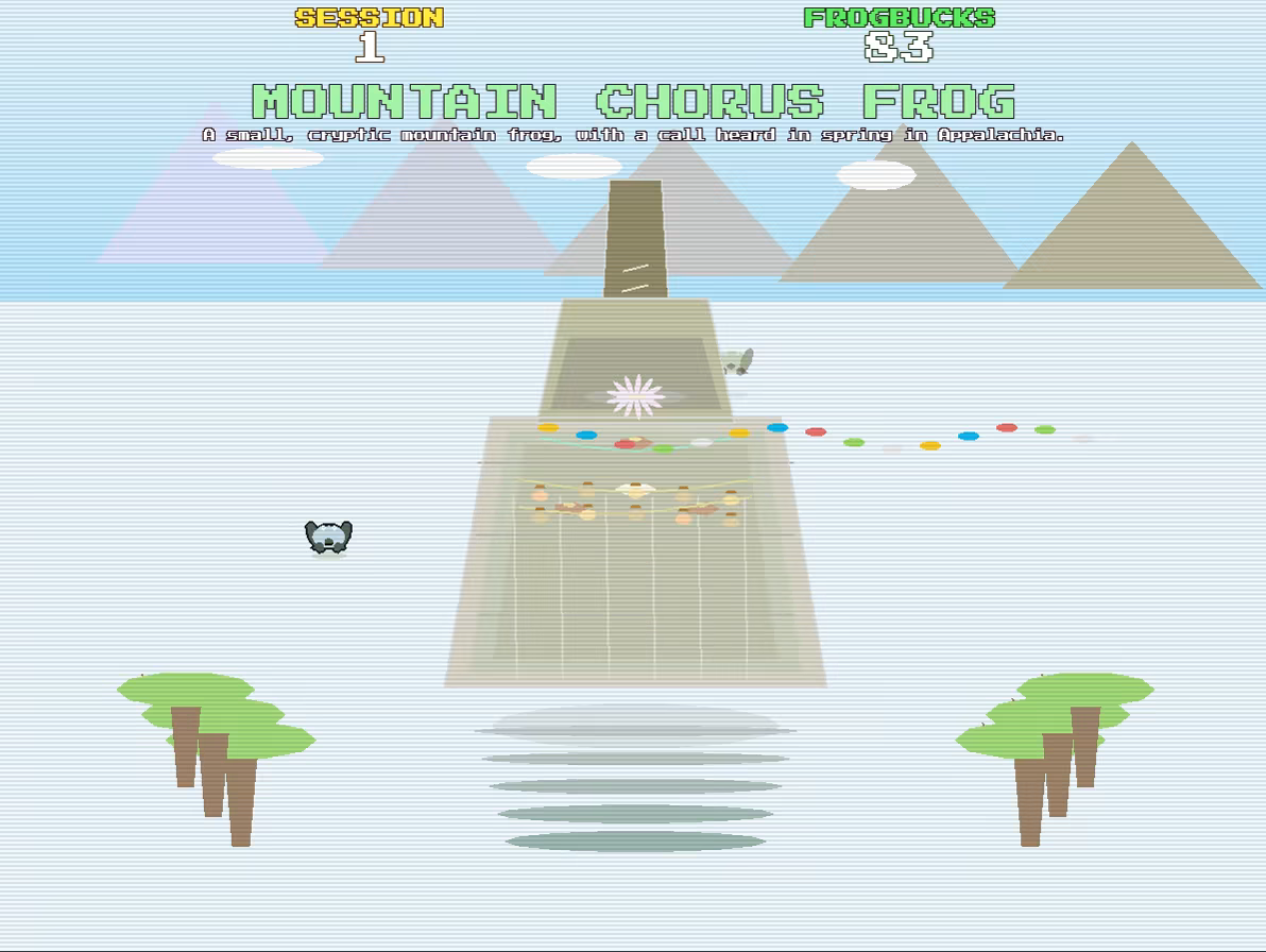 The "Tip Top Temple" habitat of the "Frog Up!" game, with a tall temple structure in front of snowy mountain peaks.