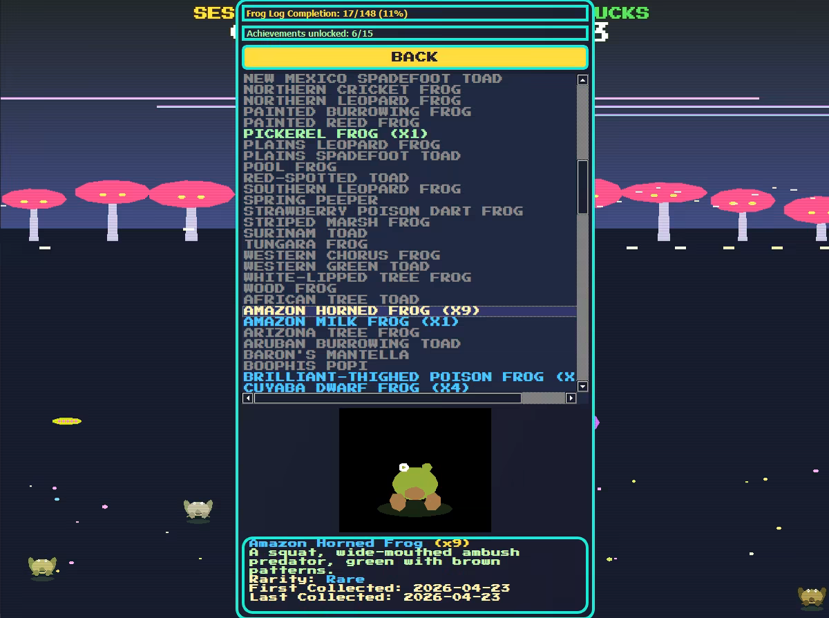 The "Frog Log" in-game sub-menu, displaying all of the available frog types, with information on the ones already collected.