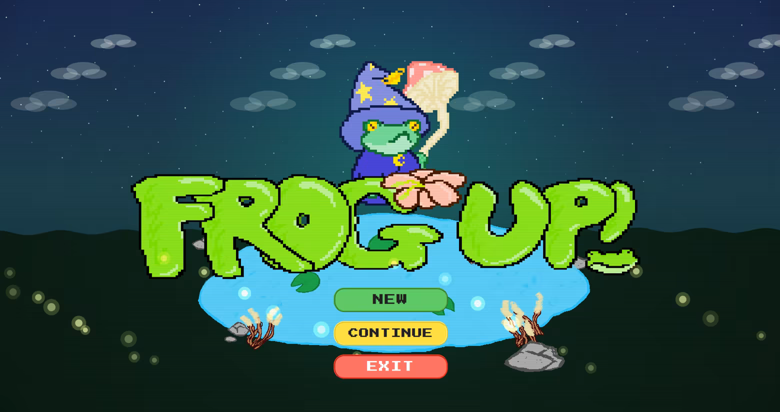 The "Frog Up!" game Start Menu, with 'New', 'Continue', and 'Exit' buttons below a frog wizard, floating over a swampy pond.