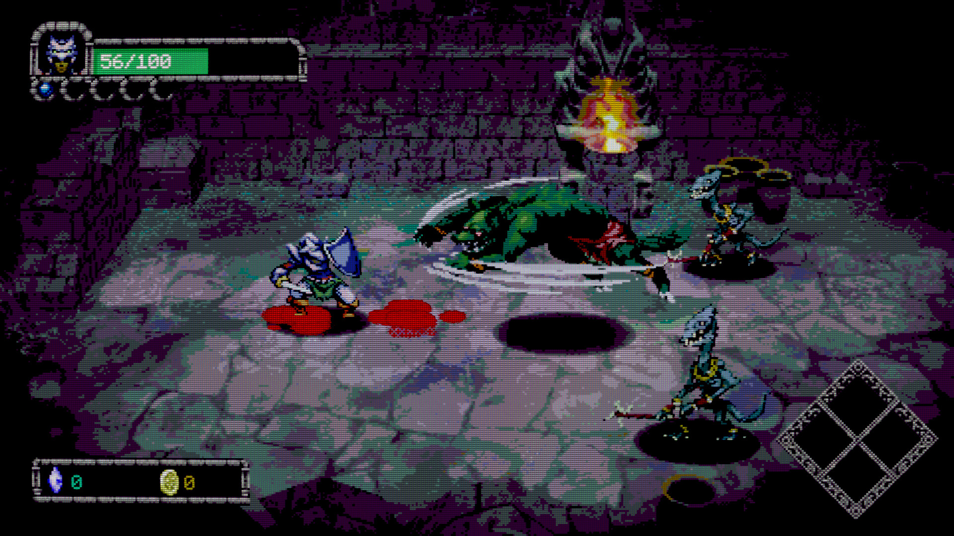 Dungeon Lurker 公式スクリーンショット 緑色の巨大なモンスターとトカゲ型の敵に囲まれる主人公