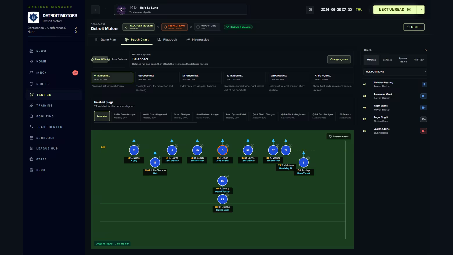 Tactics and depth chart screen for arranging starters, backups, and position responsibilities on a football field diagram.