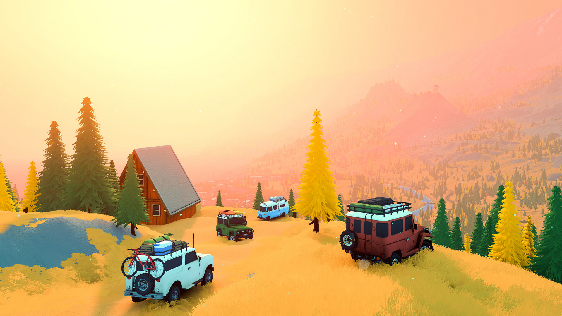 Official Steam screenshot from over the hill showing an off-road vehicle crossing a scenic wilderness trail.