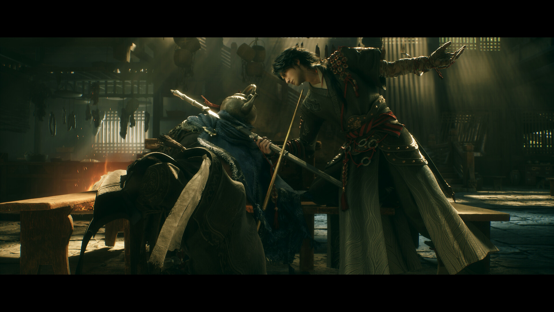 頭に急須をかぶった敵キャラクターと対峙する『Swords of Legends』の主人公