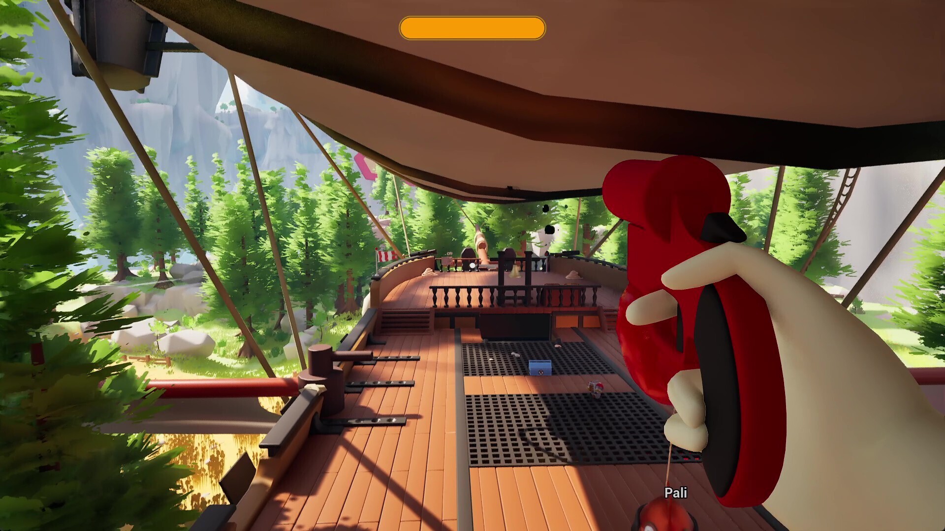 Fish & Shipsの飛行船デッキで、魚のキャラクターがロープ状の機構を操作している一人称視点