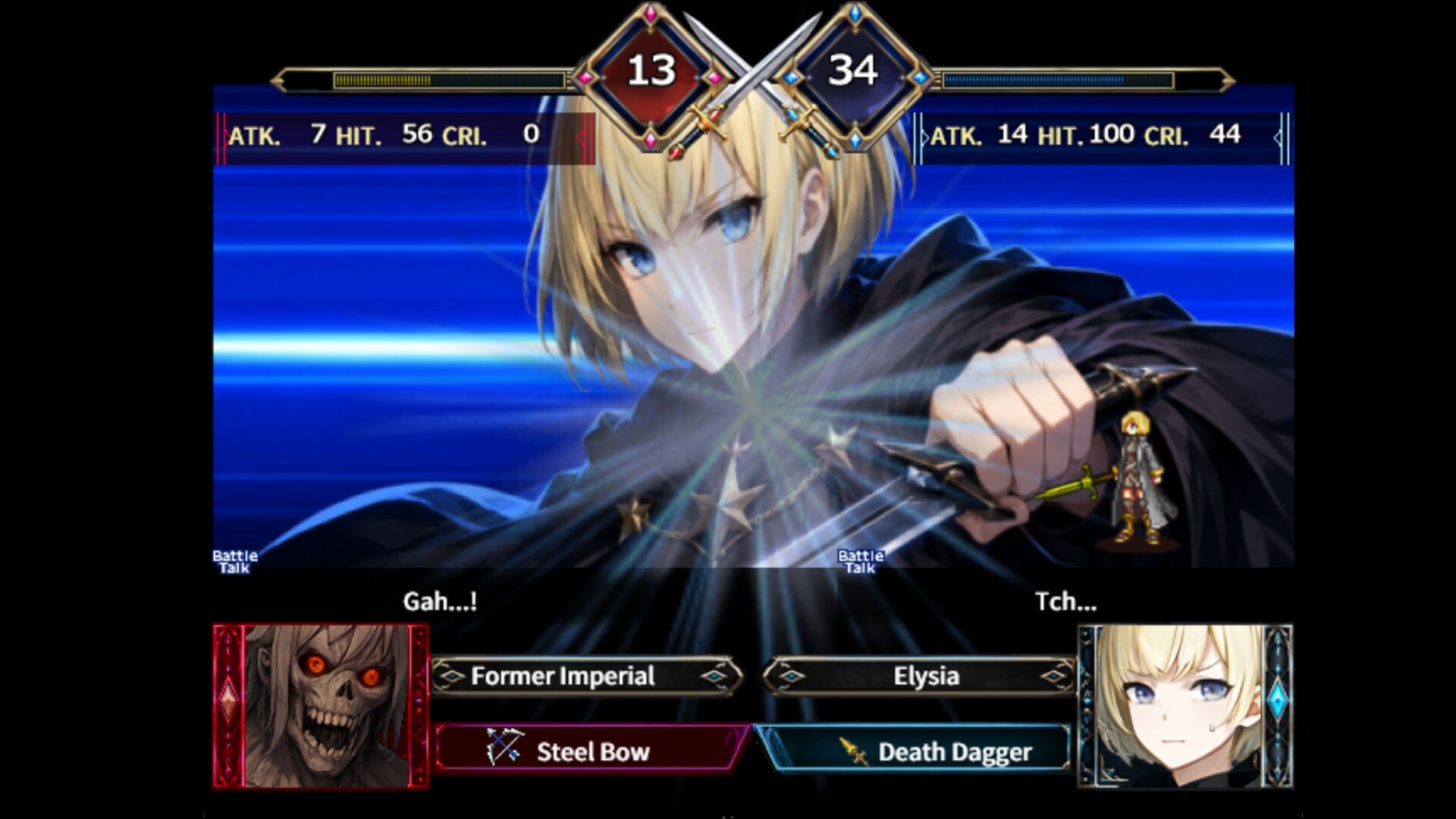Verdant Requiemの戦闘画面。ATK・HIT・CRIの数値と武器名が表示されている
