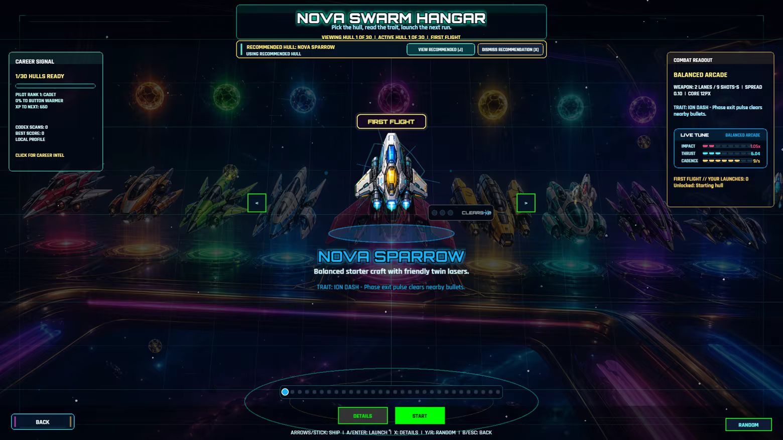 Nova Swarm hangar showing the Nova Sparrow and the 30-ship roster with weapon, handling, and trait details.