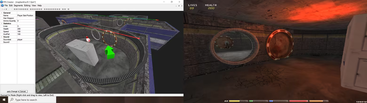 FPS Creator editor beside the resulting playable first-person level.