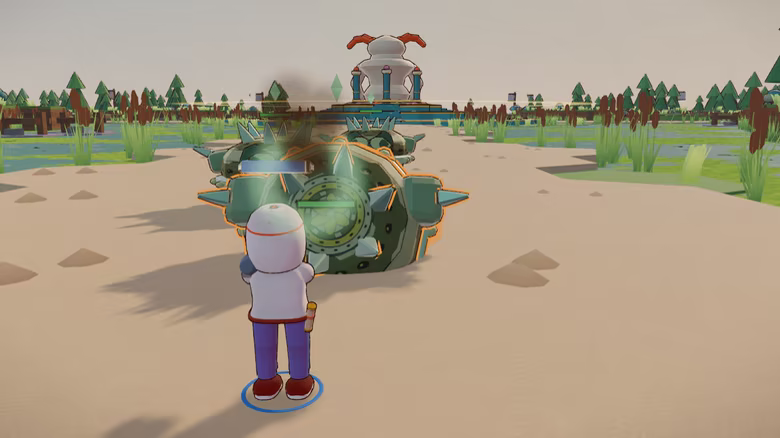 An over-the-shoulder view of a commander holding a colorful launcher on the hex battlefield.
