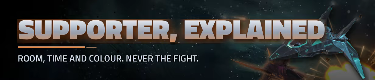 Banner: 'Supporter, explained' - room, time and colour, never the fight.
