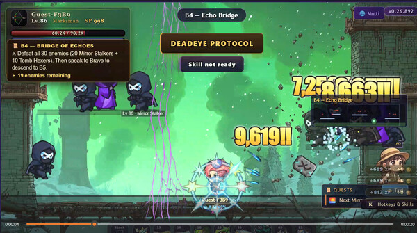 MojiWorld gameplay: a Level 86 Marksman clears Mirror Stalkers on Echo Bridge with huge damage numbers