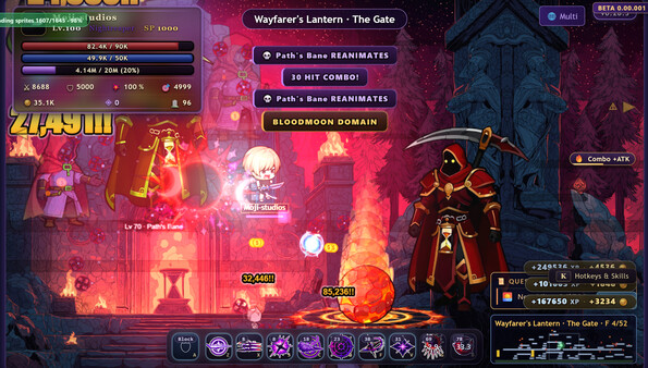 MojiWorld gameplay: a 30-hit combo against Path's Bane under the Bloodmoon Domain at Wayfarer's Lantern