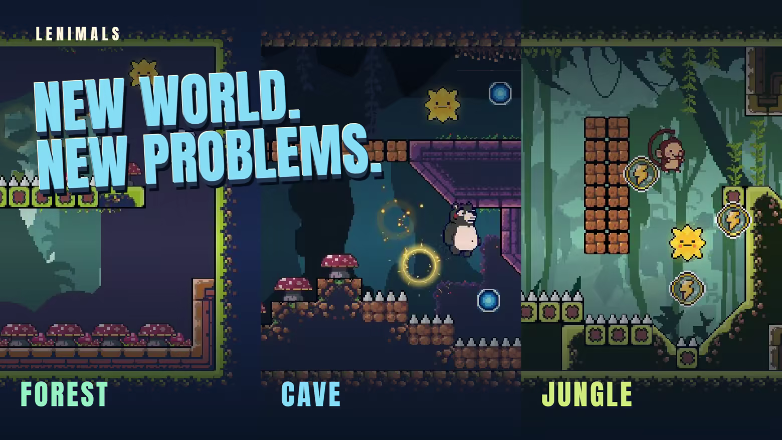 Real gameplay from the forest, cave and jungle. Text: New world. New problems.