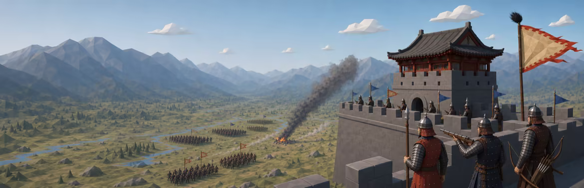 Frontier promotional artwork showing low-poly mountains, a fort and Ming defenders.
