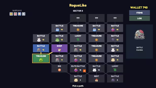 Roguelike mode map: a branching dungeon path with battle, shop, treasure, rest and lucky nodes, and the player's wallet and item slots.