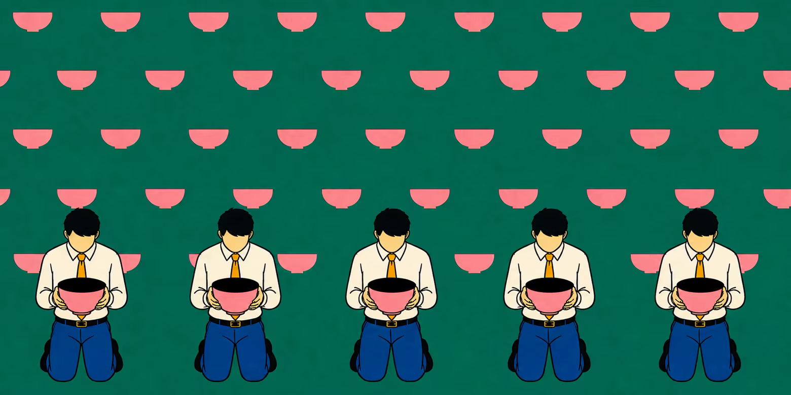 Five office workers kneel while holding pink bowls against a green patterned background.