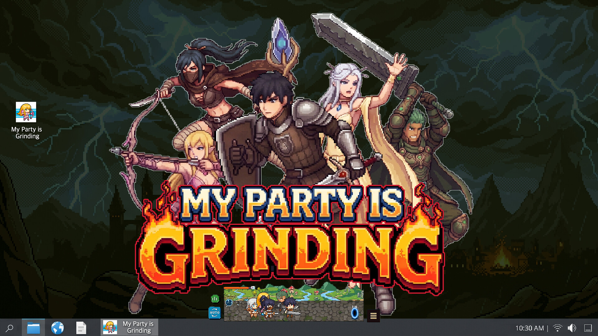 My Party Is Grinding 公式スクリーンショット デスクトップ上の半透明ウィンドウで戦闘するパーティ