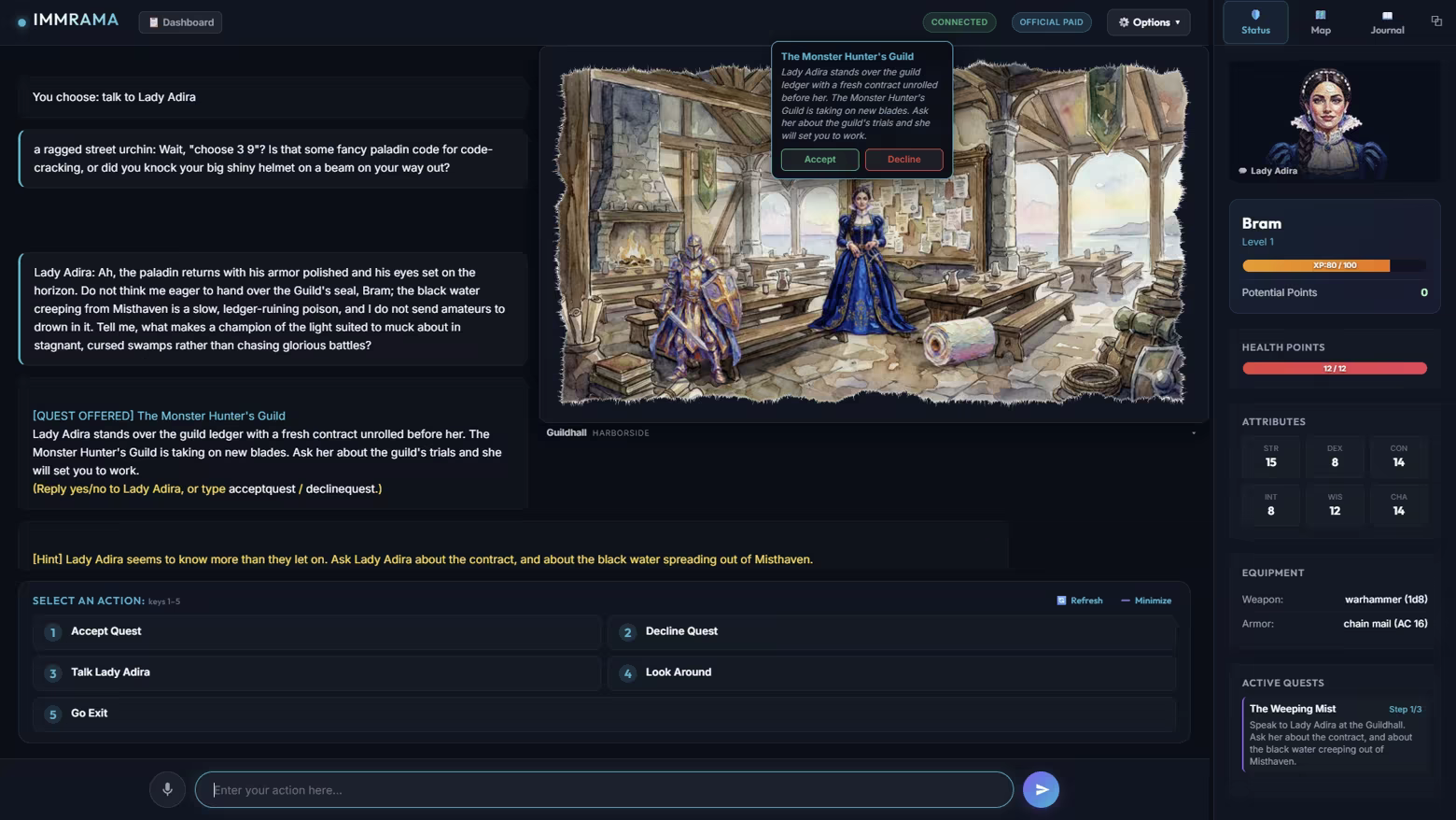 Gameplay: the player types a request in plain language; Lady Adira answers in character, a quest offer appears, and the painted guildhall scene and character sheet frame the conversation.