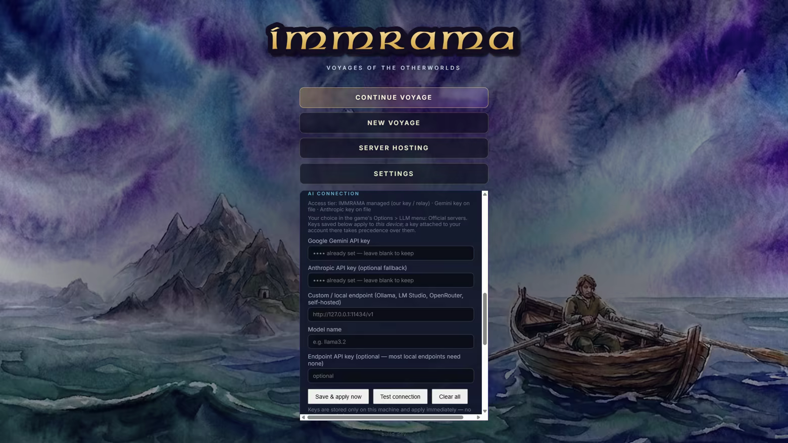 The AI connection settings panel: play on official servers, bring your own key, connect to a host, or run a local model.