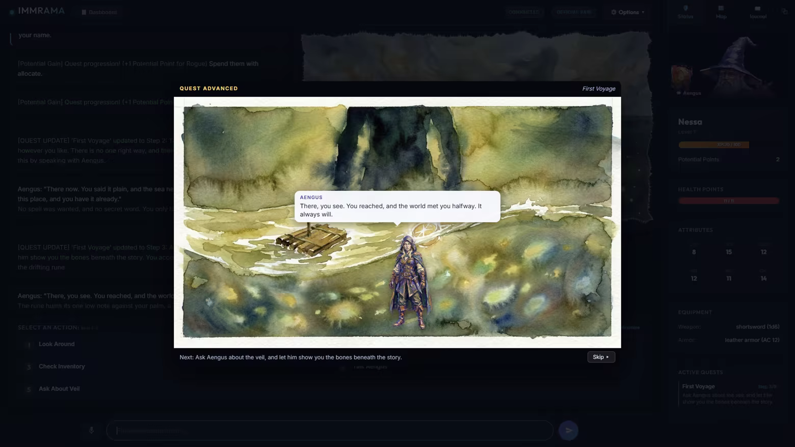 A painted cutscene moment with voice acting.