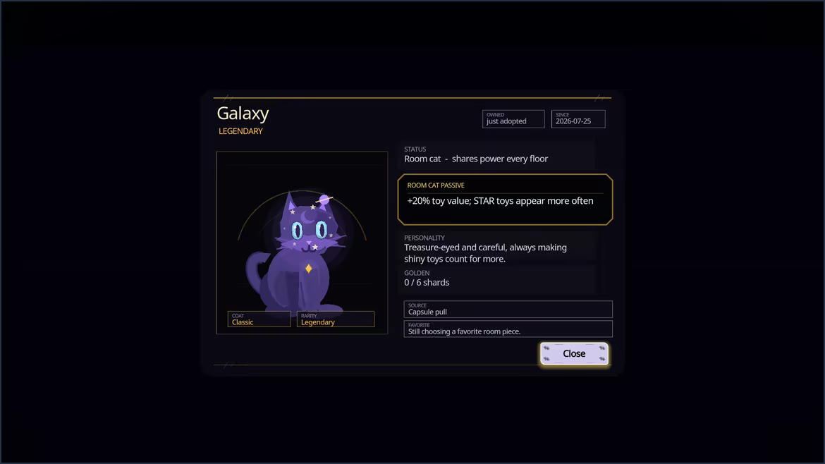 Le profil de Galaxy affiche son passif de chat de chambre et son avantage de partie avant la sélection.