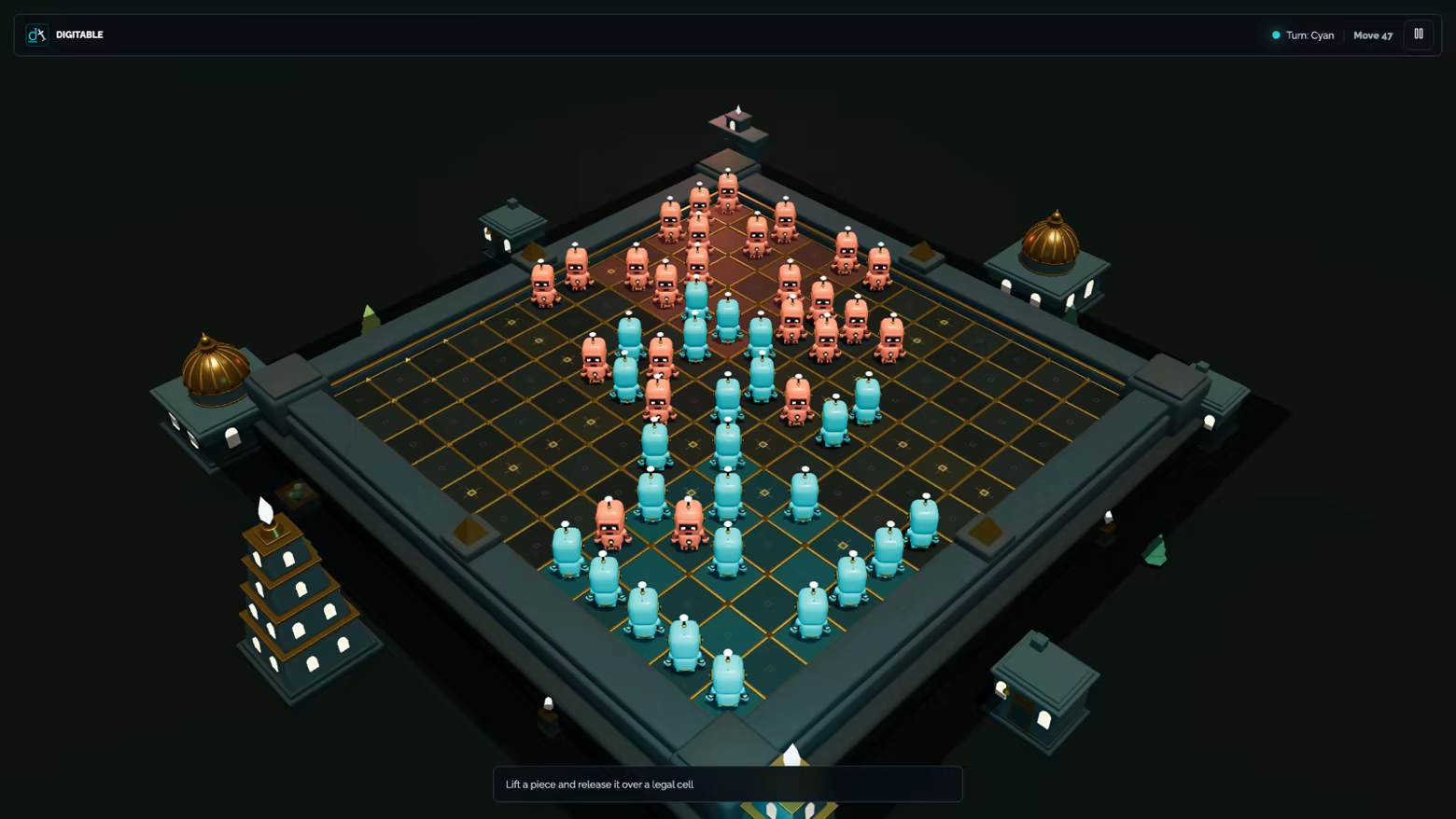 A 12x12 Corners Arena match with fifty turquoise and coral mechanical sentinels facing across the illuminated board.