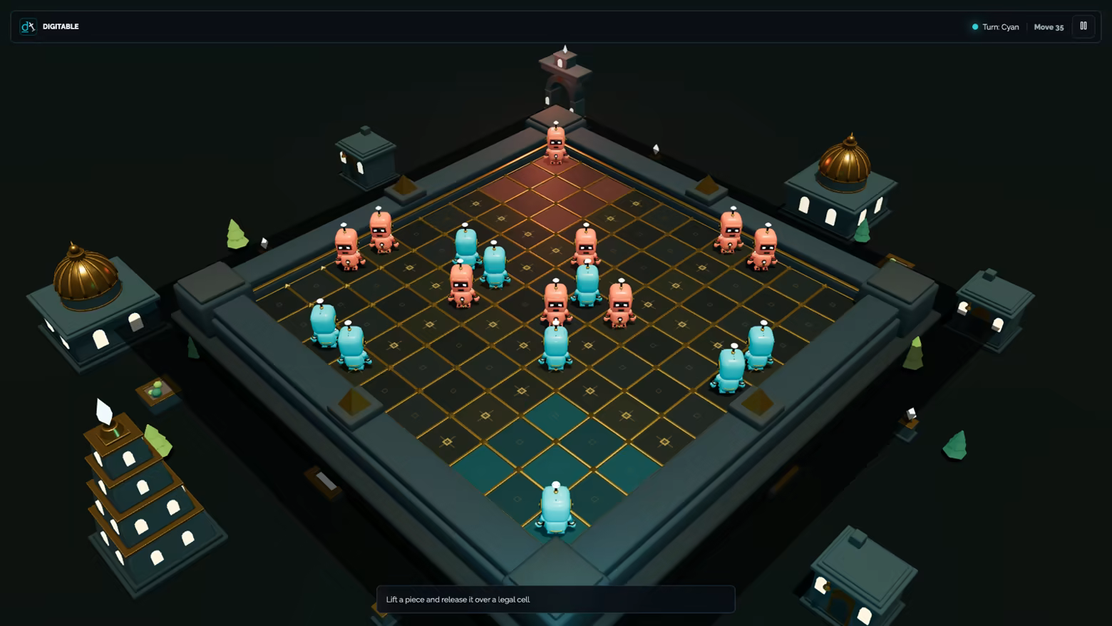 Turquoise and coral sentinels form multiple jump routes across a dark 3D tactical board.
