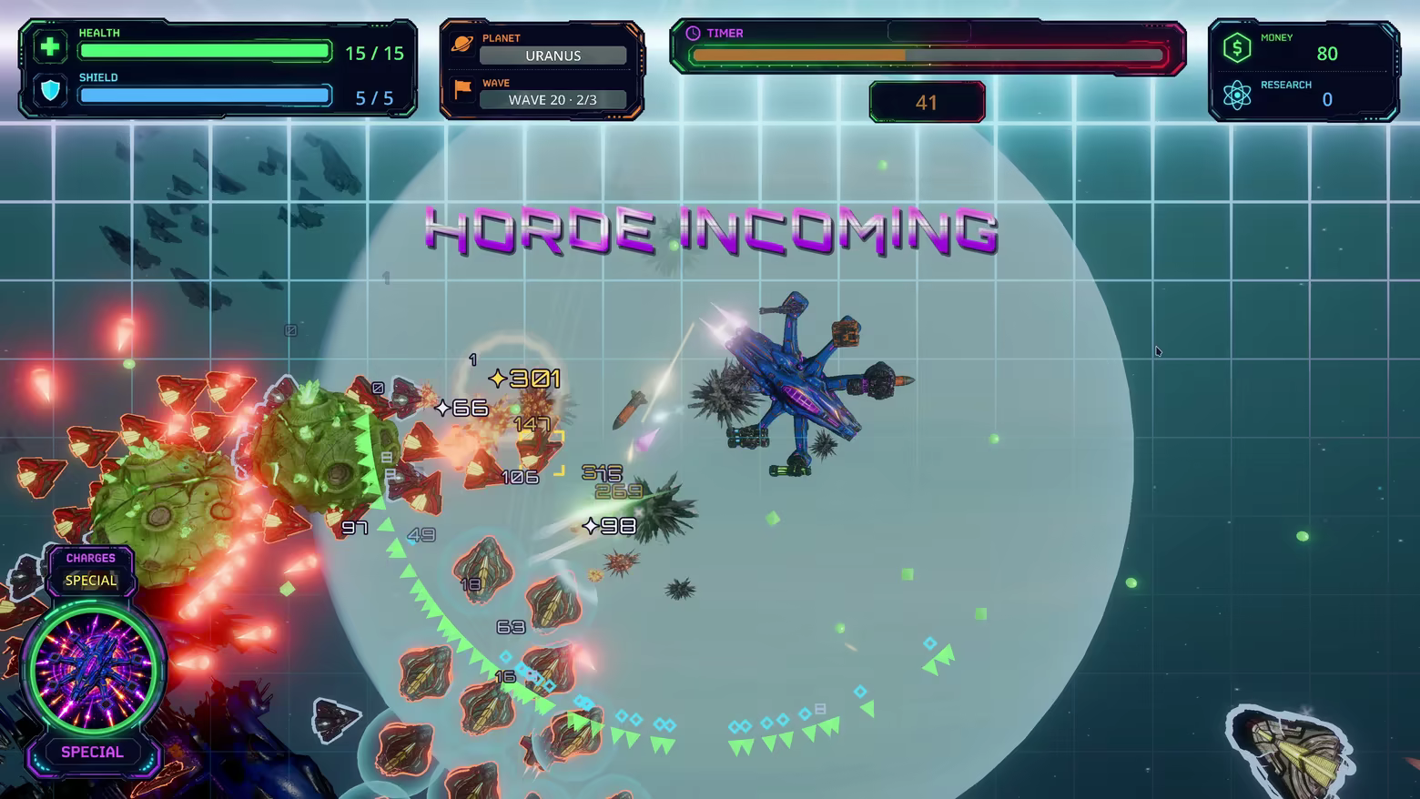 Player ship facing a large wave of enemies.