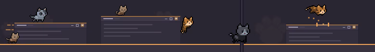 Pixel cats living on a two-monitor desktop: one riding a window being dragged, one perched on a window's roof, one clinging to a window's edge, one walking across the gap between two monitors, and one being dropped onto a window ledge.