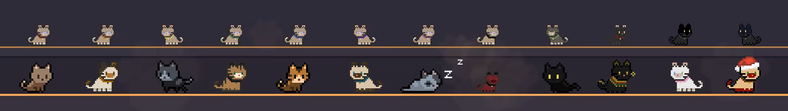 All 24 adoptable cat coats, twelve sitting along a far taskbar and twelve along the near one, in two art styles, with one very small demon cat.