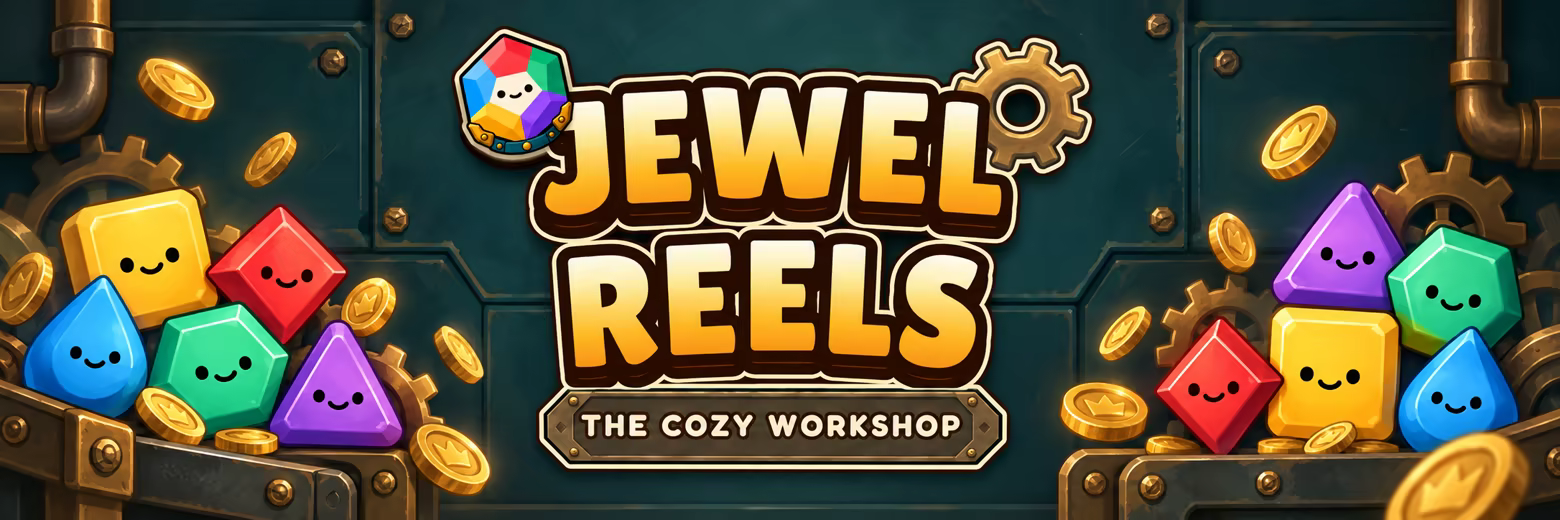 Jewel Reels: The Cozy Workshop logo surrounded by smiling colorful jewels, gold coins and brass machinery.