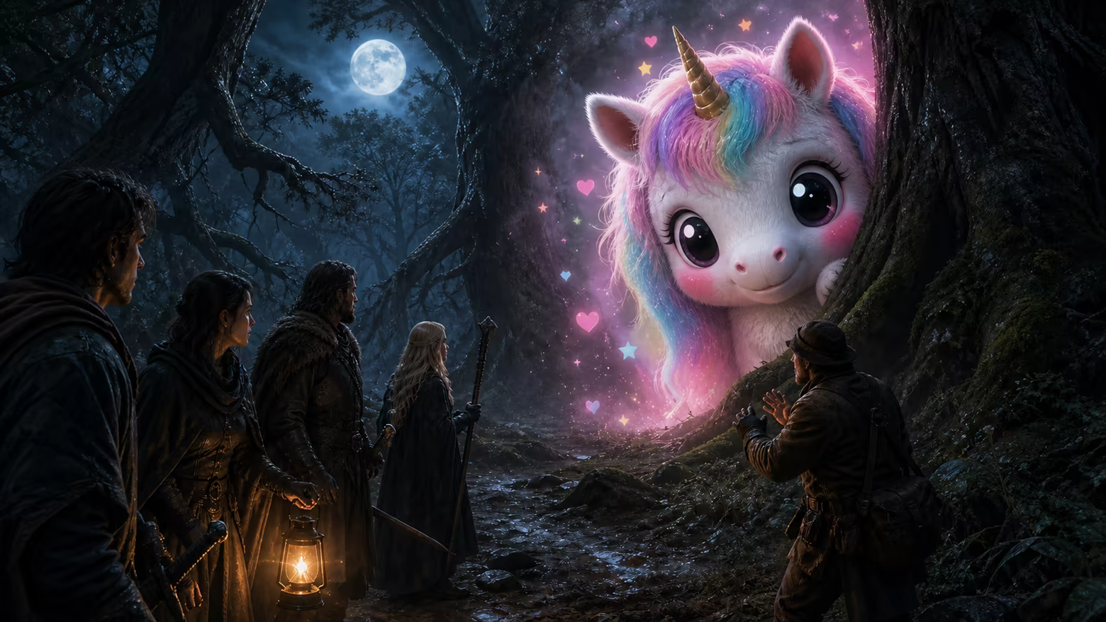 A group of darkly dressed adventurers stands in a moonlit forest before a gigantic, outrageously cute unicorn with huge eyes and a rainbow mane.