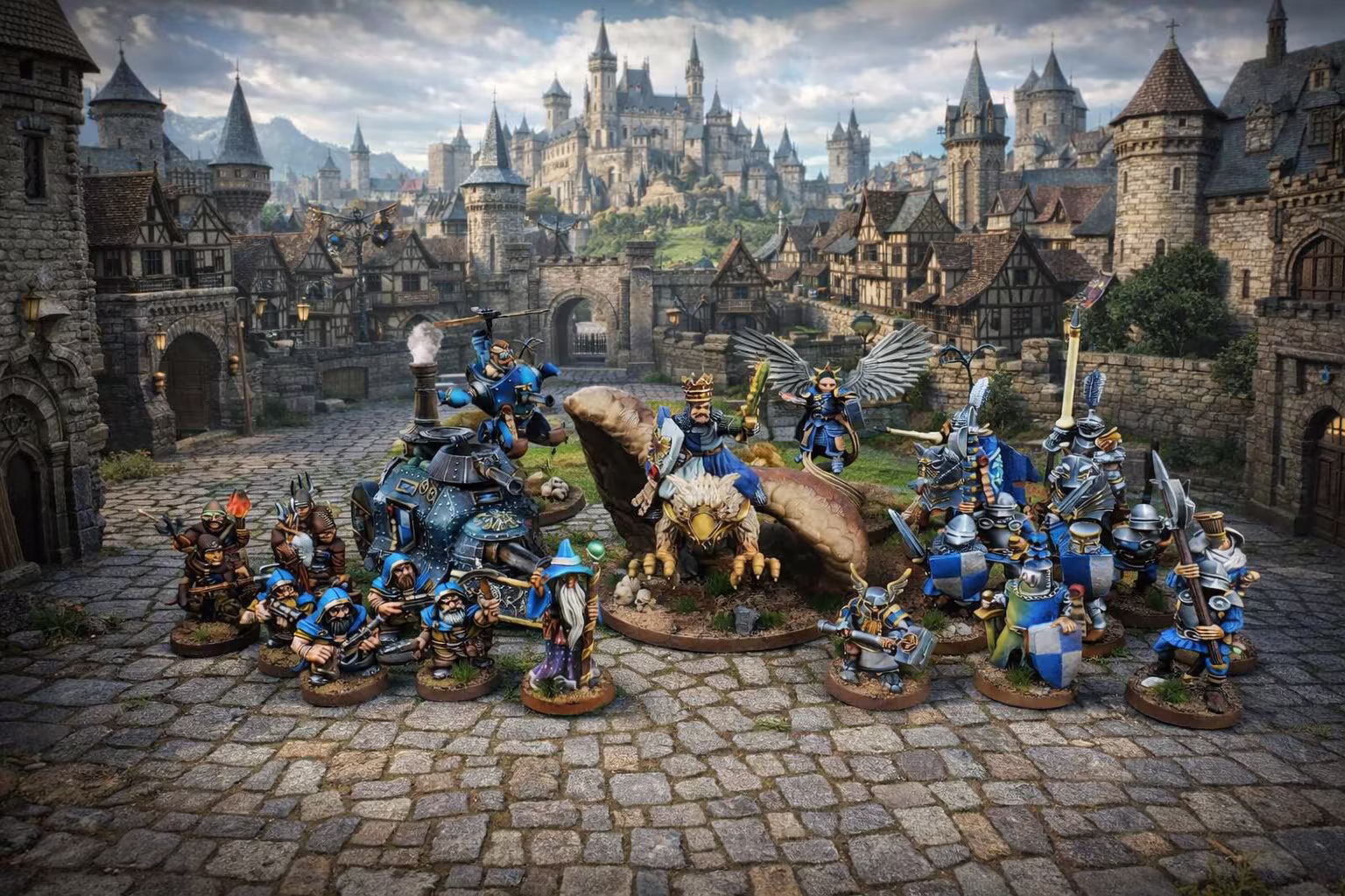 Painted human Kingdoms tabletop army assembled before a medieval city, including knights, dwarves, heroes, a gryphon rider, an angel, and war machines.