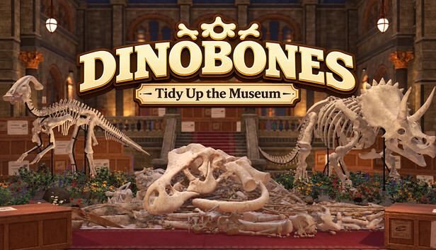 Official DinoBones Steam capsule: museum hall with Parasaurolophus, bone pile with theropod skull, and Triceratops exhibits (Indie Souls Studio)