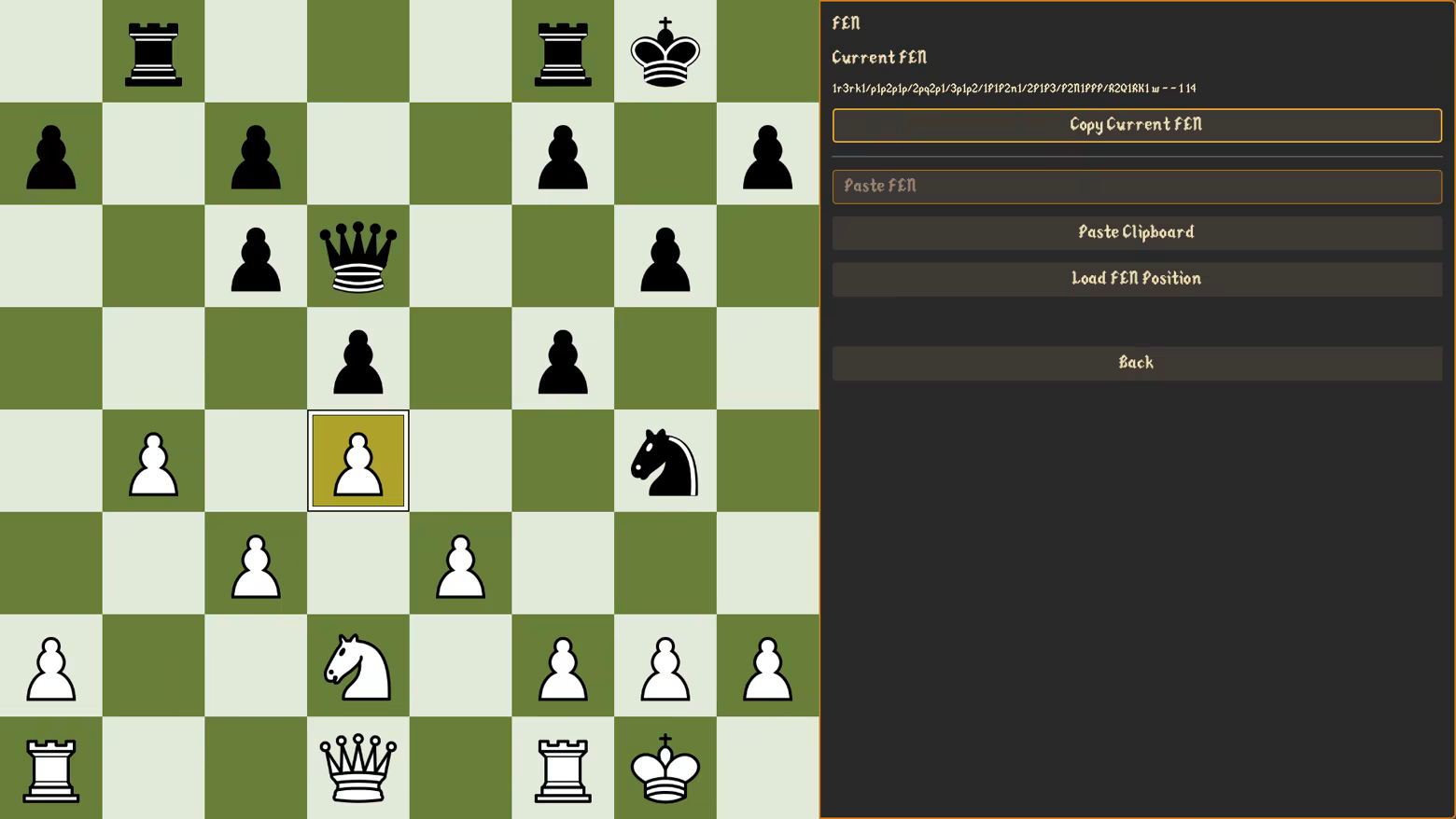 Pawn’d Chess FEN editor showing a custom chess position, board-editing controls, and a complete FEN string ready to load, copy, or share.