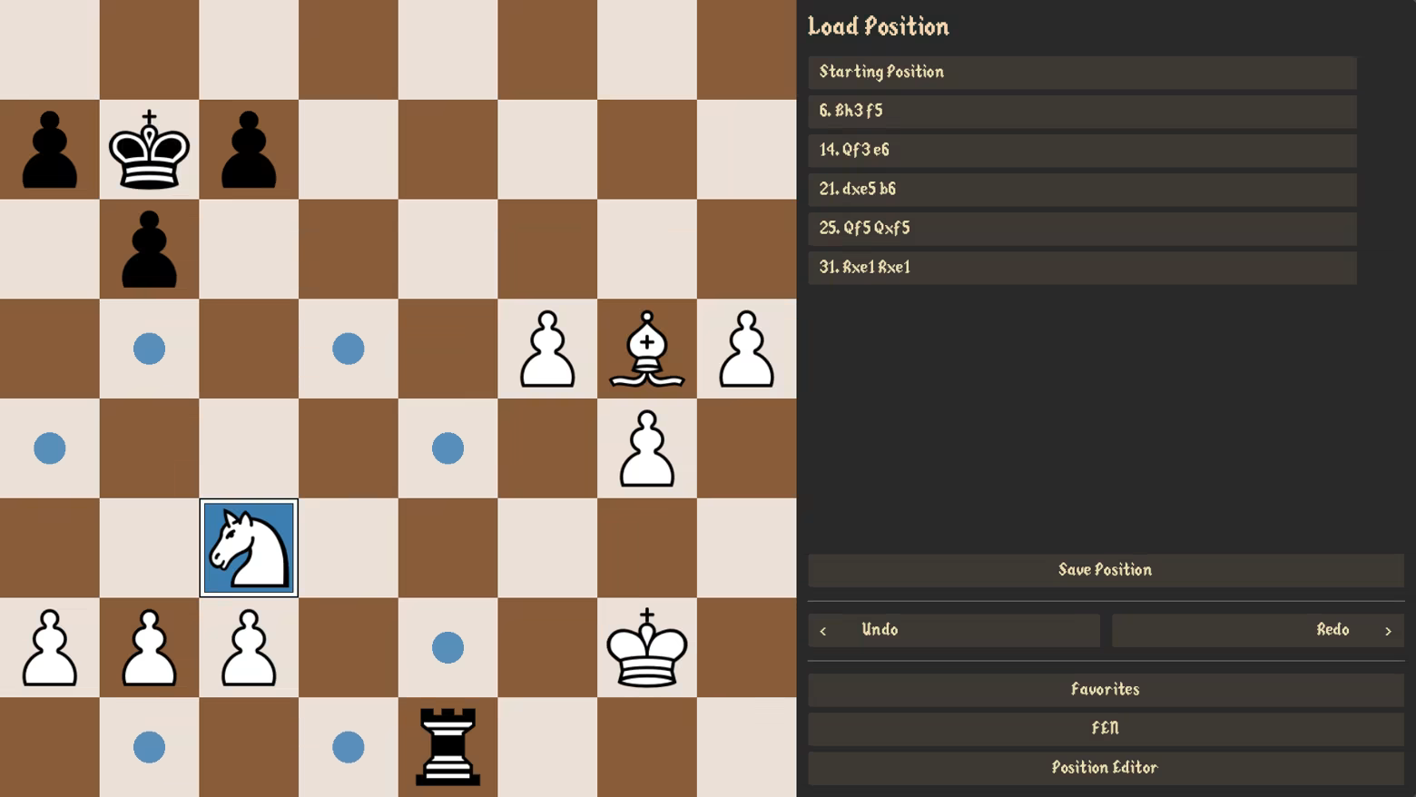 Pawn’d Chess saved positions screen showing named chess positions, with a favorite position marked for quick access.