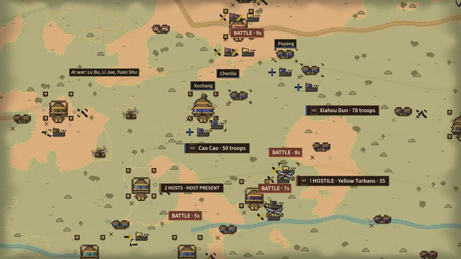 Armies led by Cao Cao and Xiahou Dun move among Xuchang, Chenliu and Puyang while battles continue elsewhere on the campaign map.
