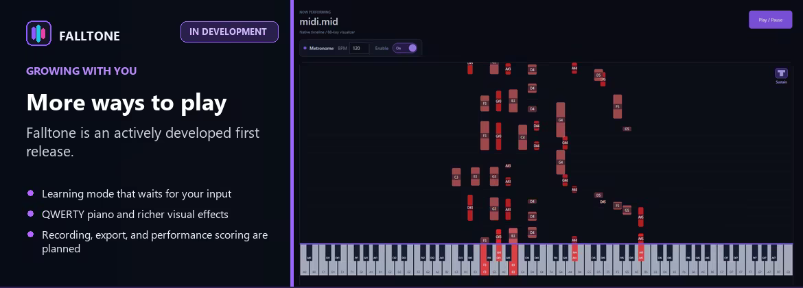 Falltone library and piano-roll interface representing planned learning and creator features.