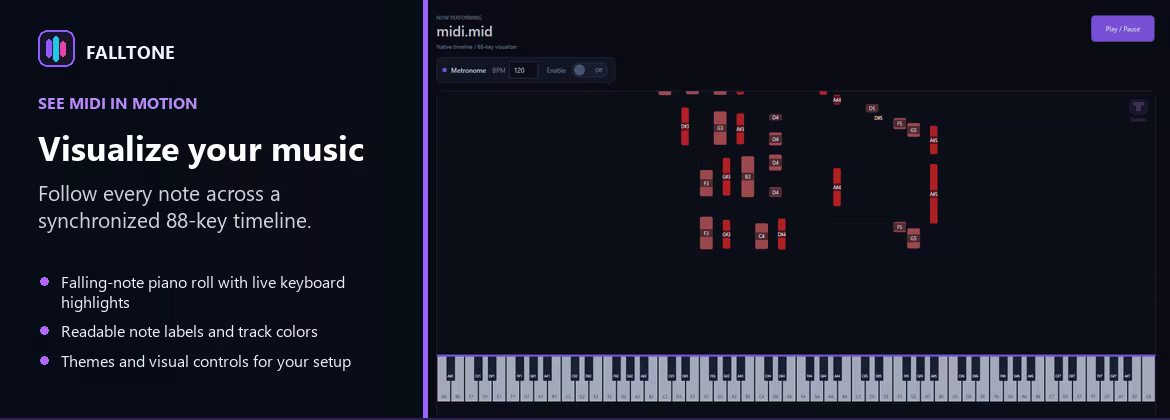 Falltone falling-note MIDI timeline with synchronized 88-key keyboard.