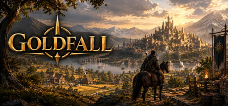 Goldfall official Steam header dengan kastel medieval dan penunggang kuda