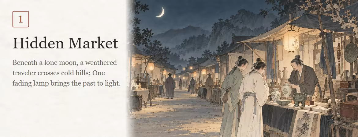 Chapter III: Rounds — Phase 1: Hidden Market. Beneath a lone moon, a weathered traveler crosses cold hills; One fading lamp brings the past to light. An antiques market under the moon, with merchants and buyers trading beside lantern-lit stalls.