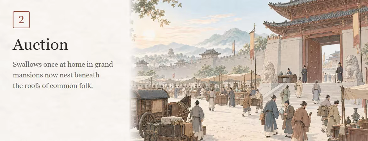 Chapter III: Rounds — Phase 2: Auction. Swallows once at home in grand mansions now nest beneath the roofs of common folk. Market stalls and visitors spread across a courtyard outside an official building.