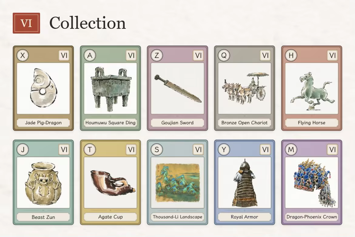 Chapter VI: Collection. Ten antique cards from different dynasties form two rows, showing jade, bronzes, a sword, a chariot, porcelain, a painting, armor, and a crown.