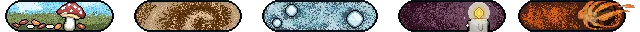 5 pictures: 1. Mushroom on green field, 2. Sand Vortex, 3. Snow balls, 4. Candle lighting a dark space, 5. Flaming rock falling
