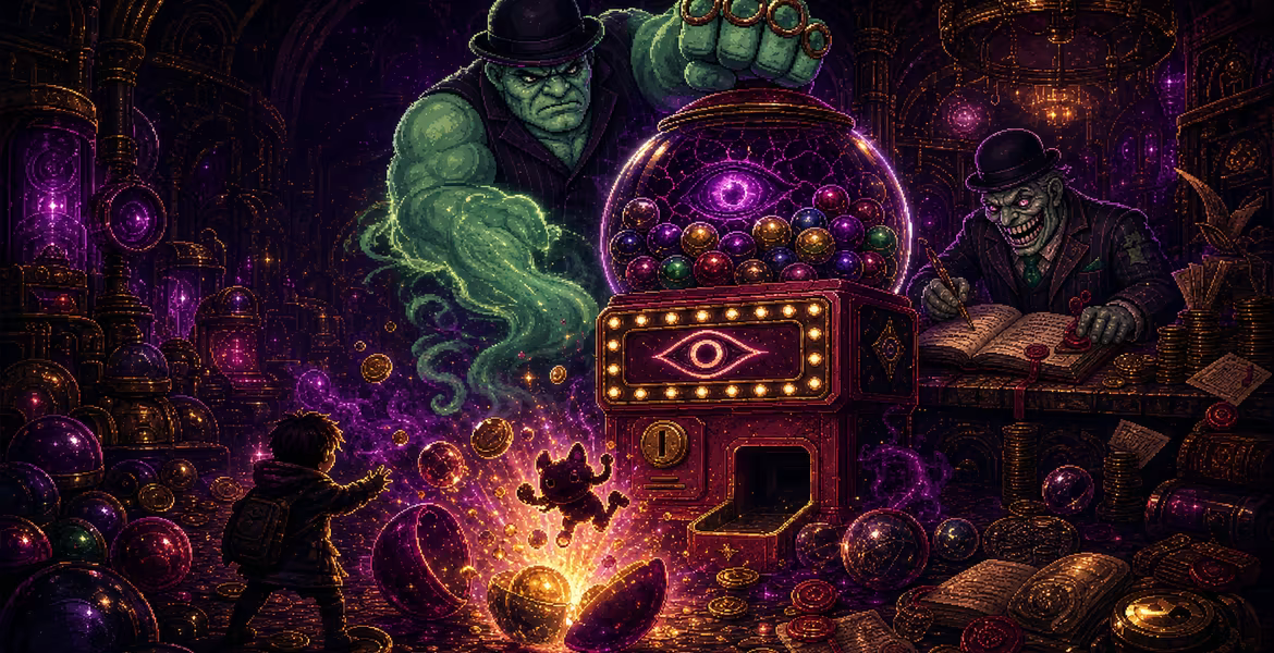 A red capsule machine watches the player through a violet eye; behind it, the Tin-Basher raises his fist while Mr. Ossório records the debt, and a capsule erupts among flying coins.