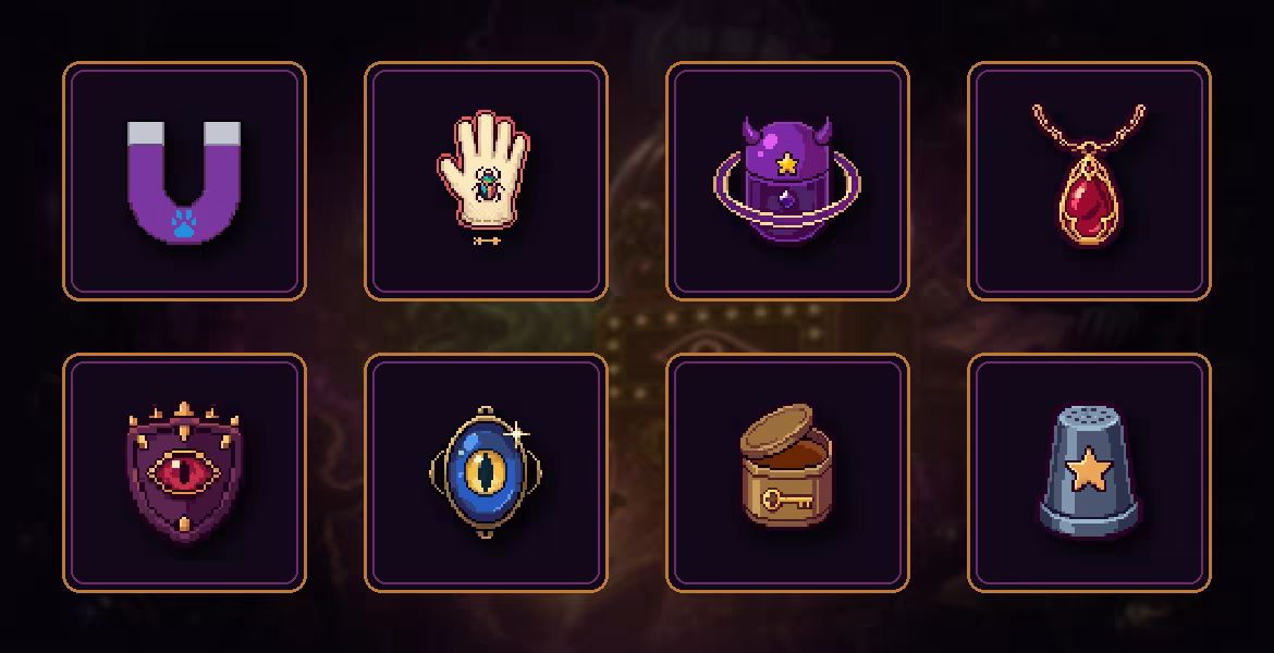 The game’s eight relics appear inside separate niches: a magnet, glove, Echo Capsule, pendulum, amulet, glass eye, grease, and thimble.