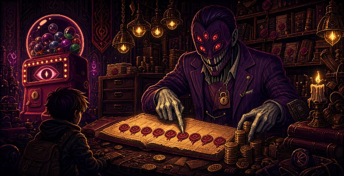 Mr. Ossório, a debt collector in a purple suit with glowing red eyes, points toward eight wax seals in an oversized ledger, surrounded by stacks of coins with the machine in the background.