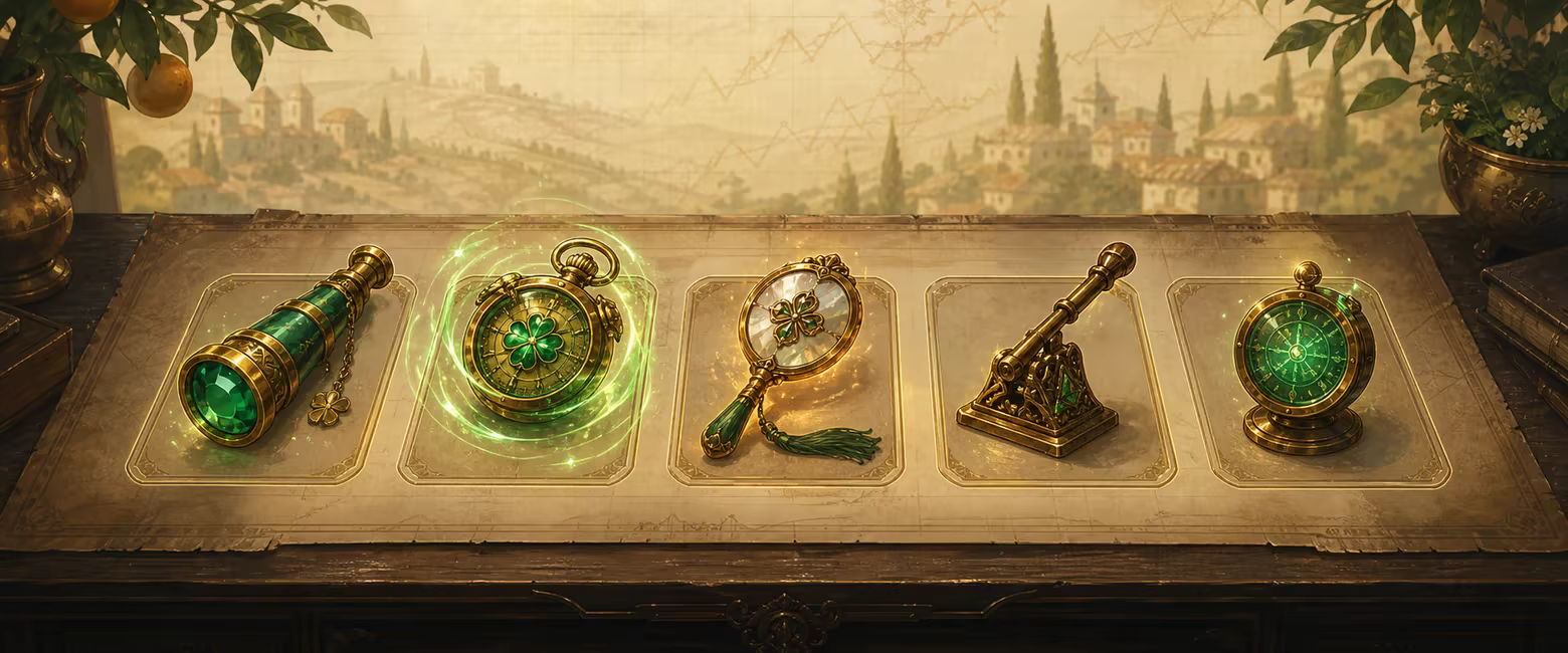 Five ornate run tools rest on a parchment strategy table: a green spyglass, rewind stopwatch, mirror charm, leverage instrument, and catalyst radar.